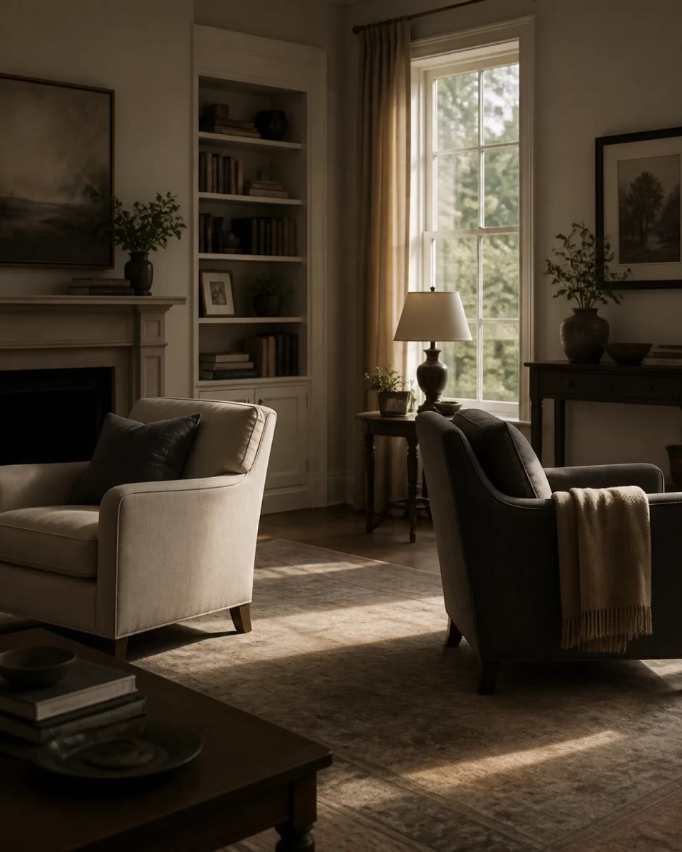 Two separate armchairs in a quiet room, symbolizing the emotional and physical distance of legal separation in Virginia