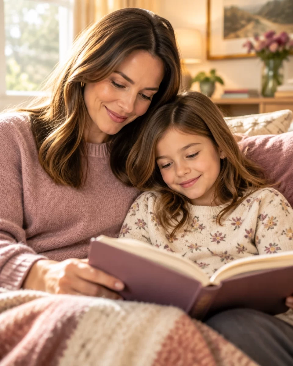 Parent and child reading together peacefully in a warm home setting