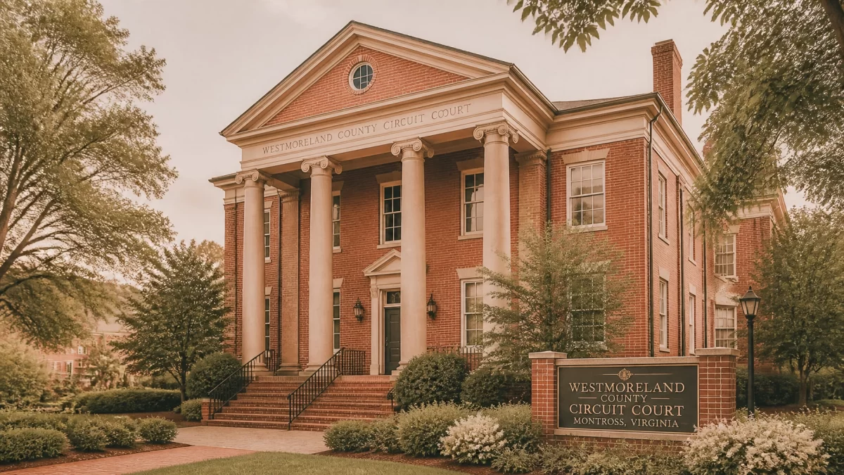 The exterior of the historic Westmoreland County Circuit Court building in Montross, Virginia, with a soft boho chic palette.