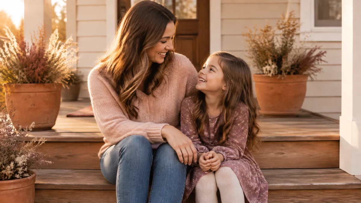 A mother and her young daughter talking together on the front steps of a Virginia home in warm light.