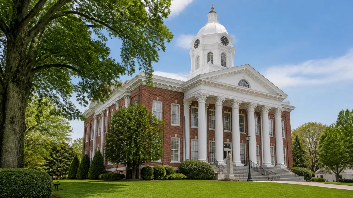 The exterior of a classic Virginia courthouse building with brick and white columns
