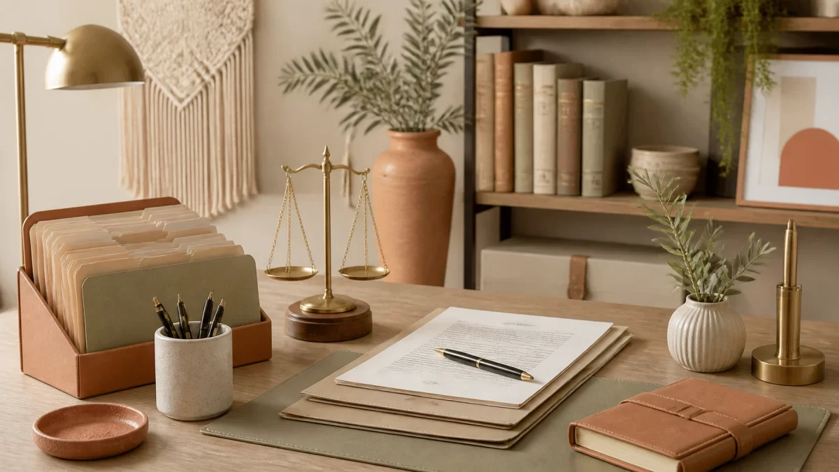 Boho Chic legal workspace with scales, a fountain pen, folders, and documents arranged in terracotta, sage, and cream tones without branding.