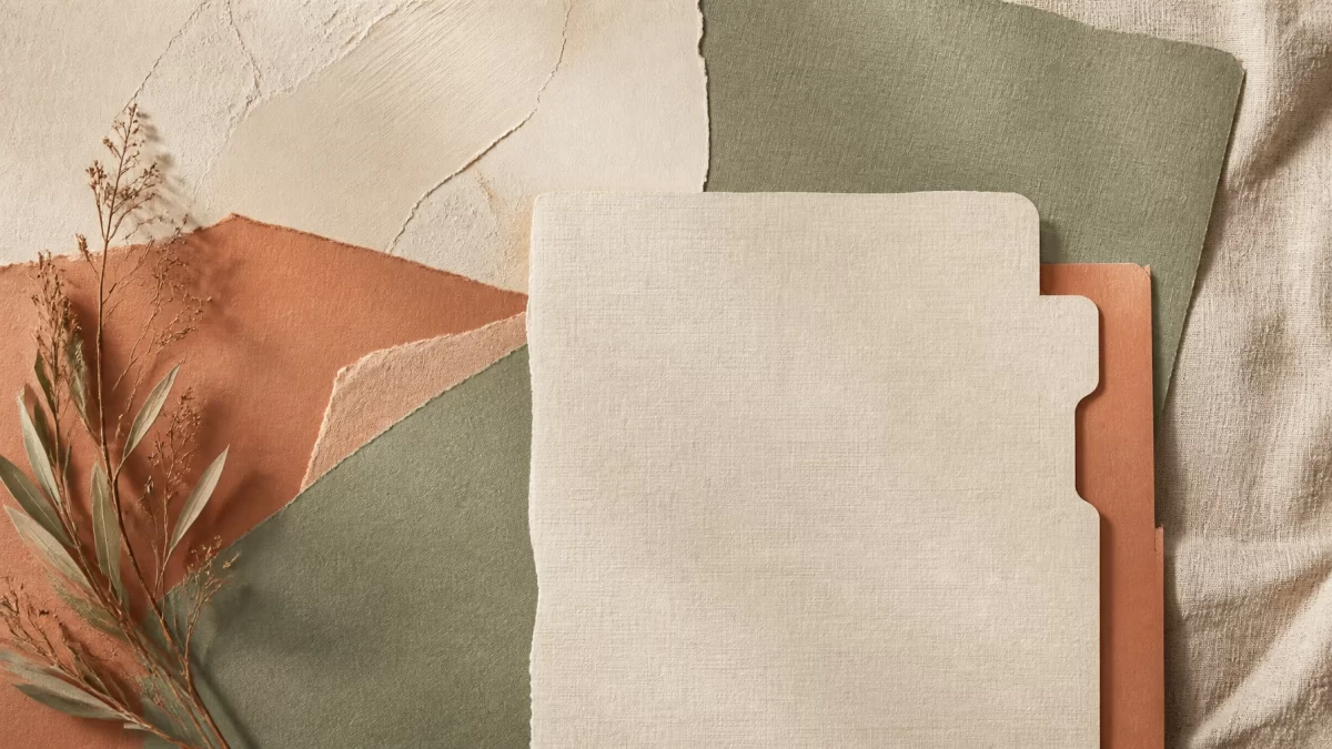 Abstract boho chic legal textures with layered paper and folder details in sage terracotta and cream