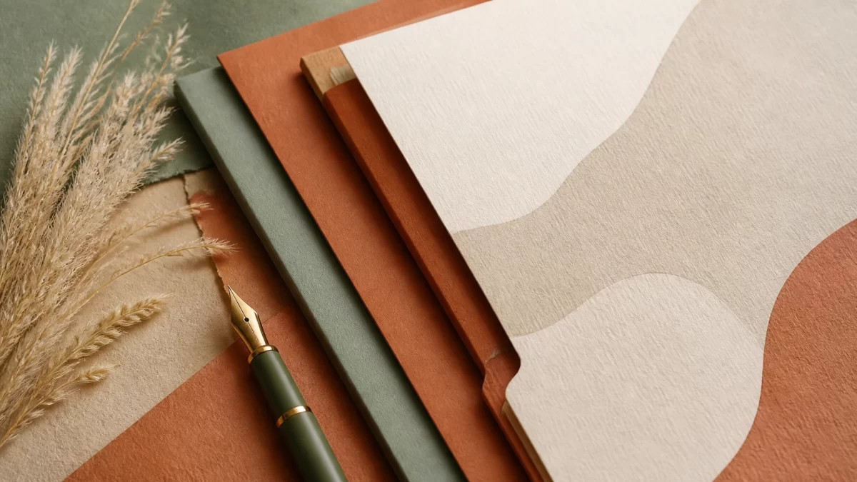 Close-up of fountain pen and neatly arranged legal folders in terracotta sage and cream tones