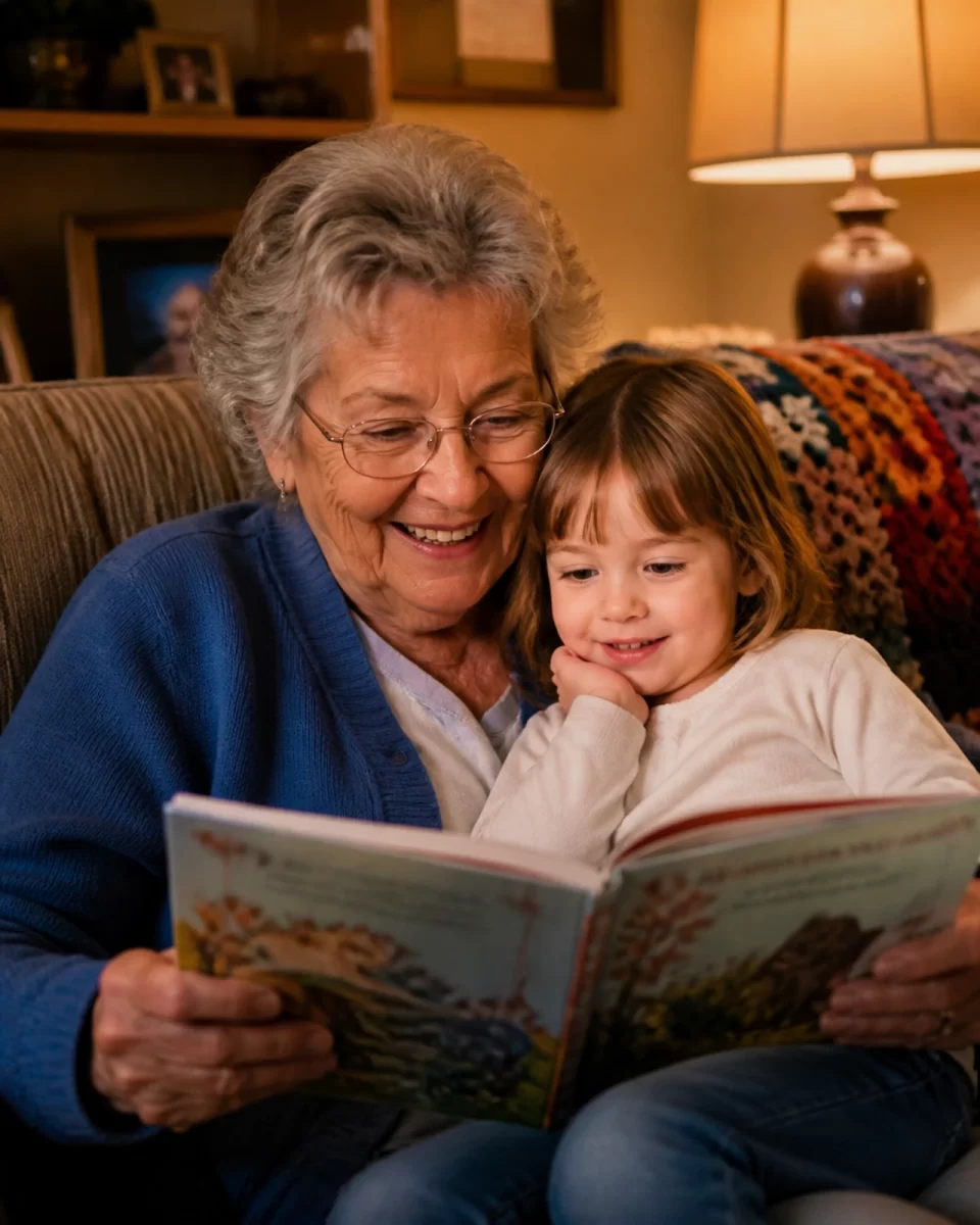 A cozy living room where an elderly grandparent is reading a colorful picture book to a young child.