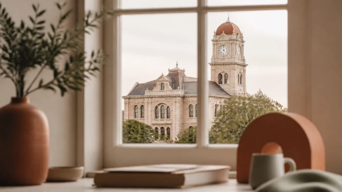 A minimalist view of Fredericksburg historic courthouse architecture through a window in soft earthy tones.