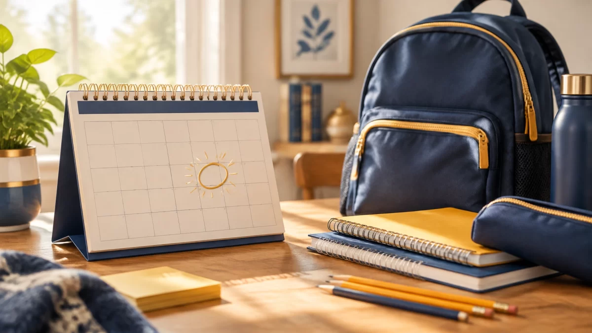 Family calendar, child’s backpack, and school supplies representing timely support planning