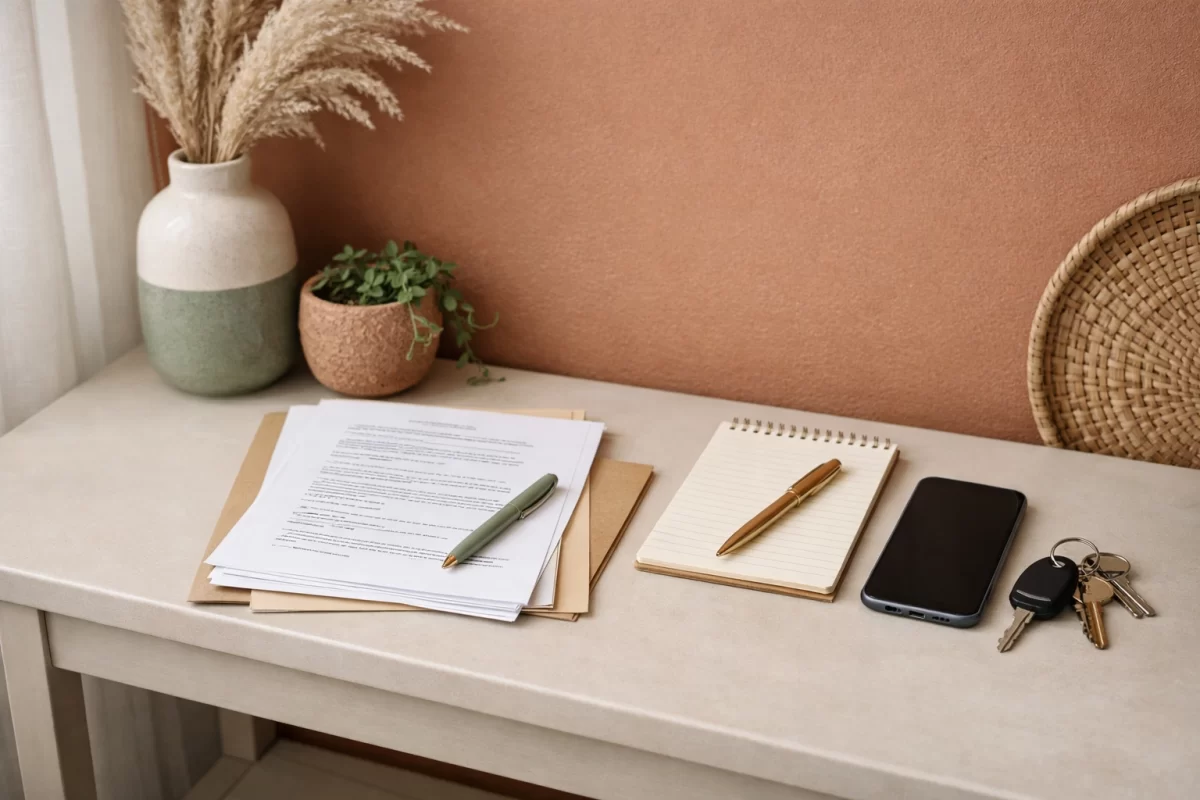 Phone, keys, notepad, and protective order paperwork arranged in a calm home setting for emergency protective orders in Virginia.