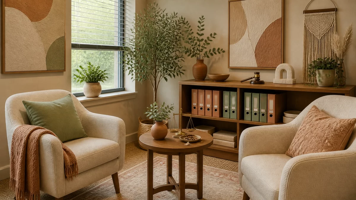Boho chic interior still life in terracotta, sage, and cream with neatly arranged legal folders and soft architectural textures.