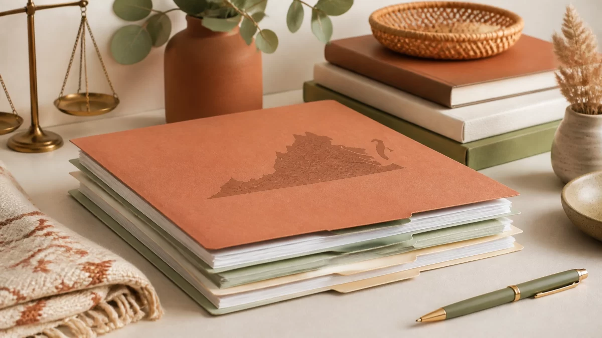 Boho Chic close-up of legal document folders, papers, and a pen in terracotta, sage, and cream tones