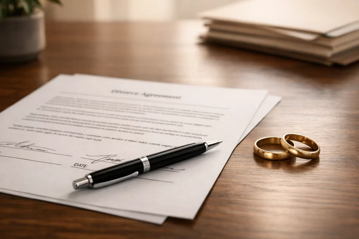 Signed uncontested divorce Virginia paperwork on a desk with a pen