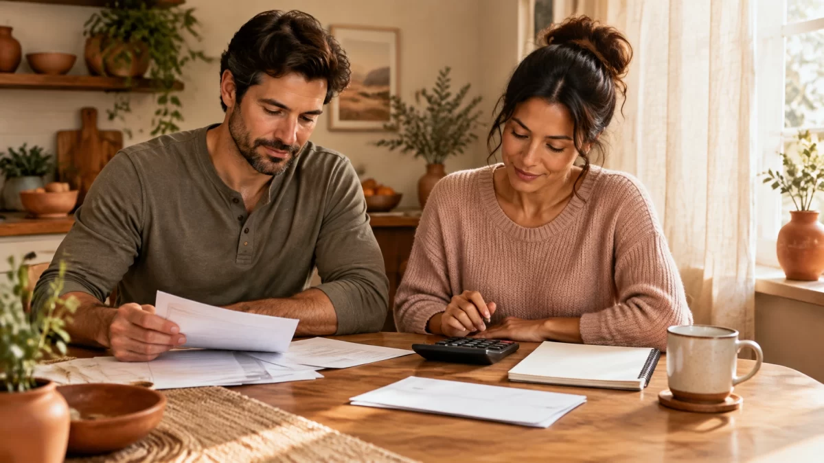 Couple organizing ordinary household bills with a calculator at a warm kitchen table, representing financial planning during divorce.