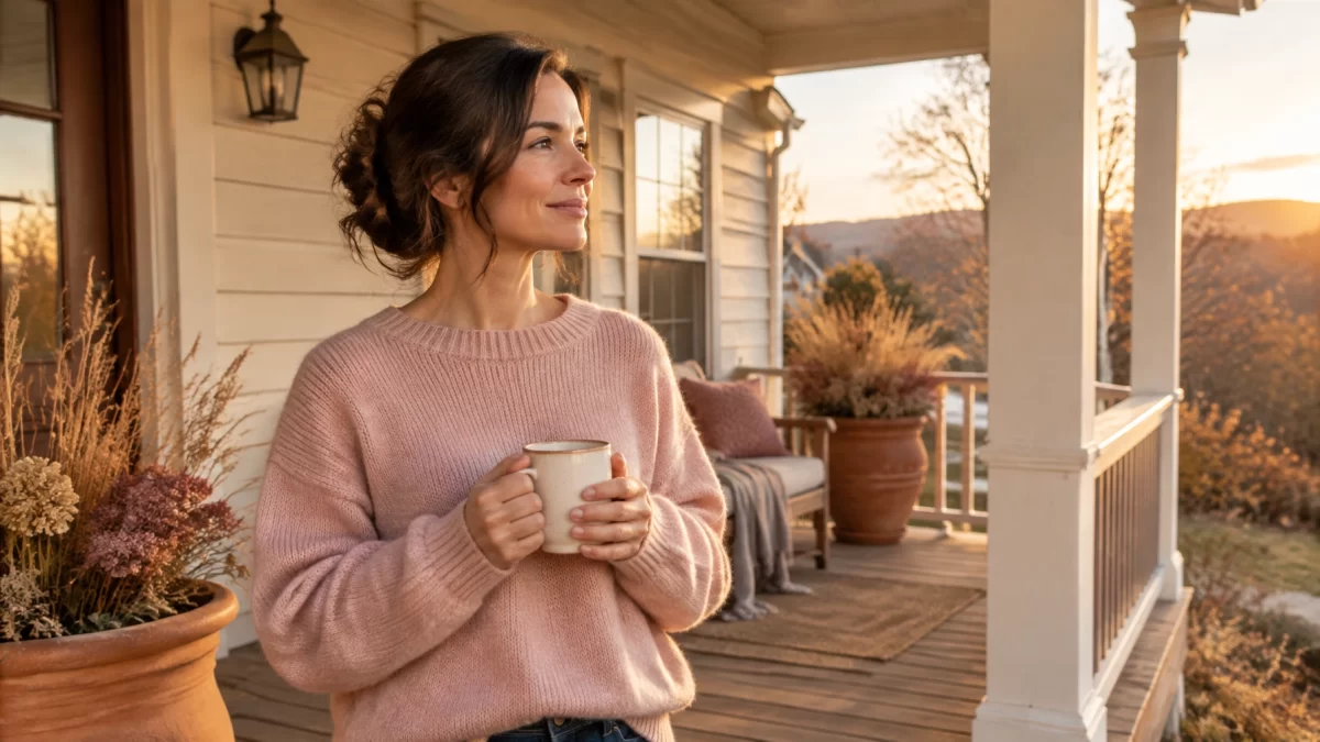 A woman in a blush sweater holding a mug on the porch of a Virginia home at golden hour, looking ahead with a calm expression.
