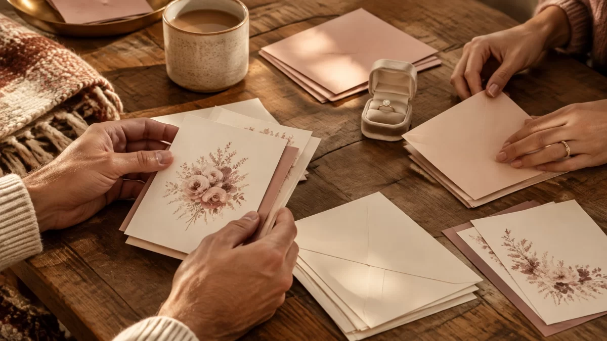 Hands sorting cream and blush invitation cards at a warm wood table beside a ring box.