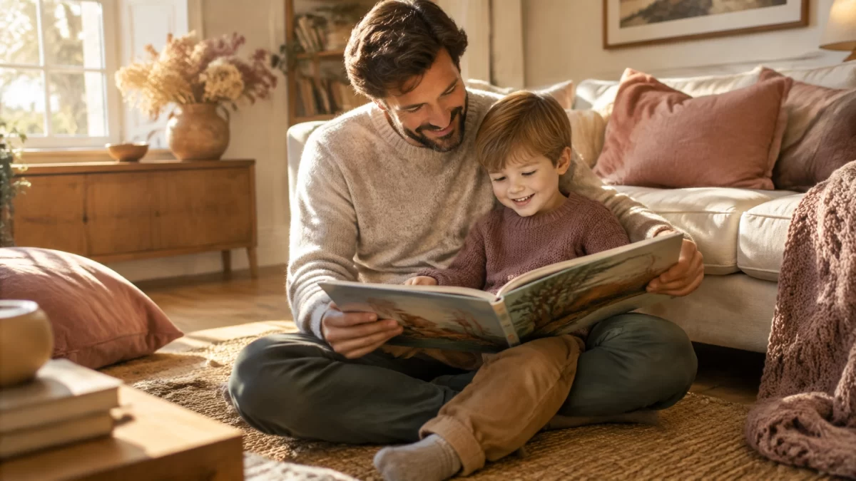 A father and young son sitting on a living room floor reading a picture book together in warm afternoon light.
