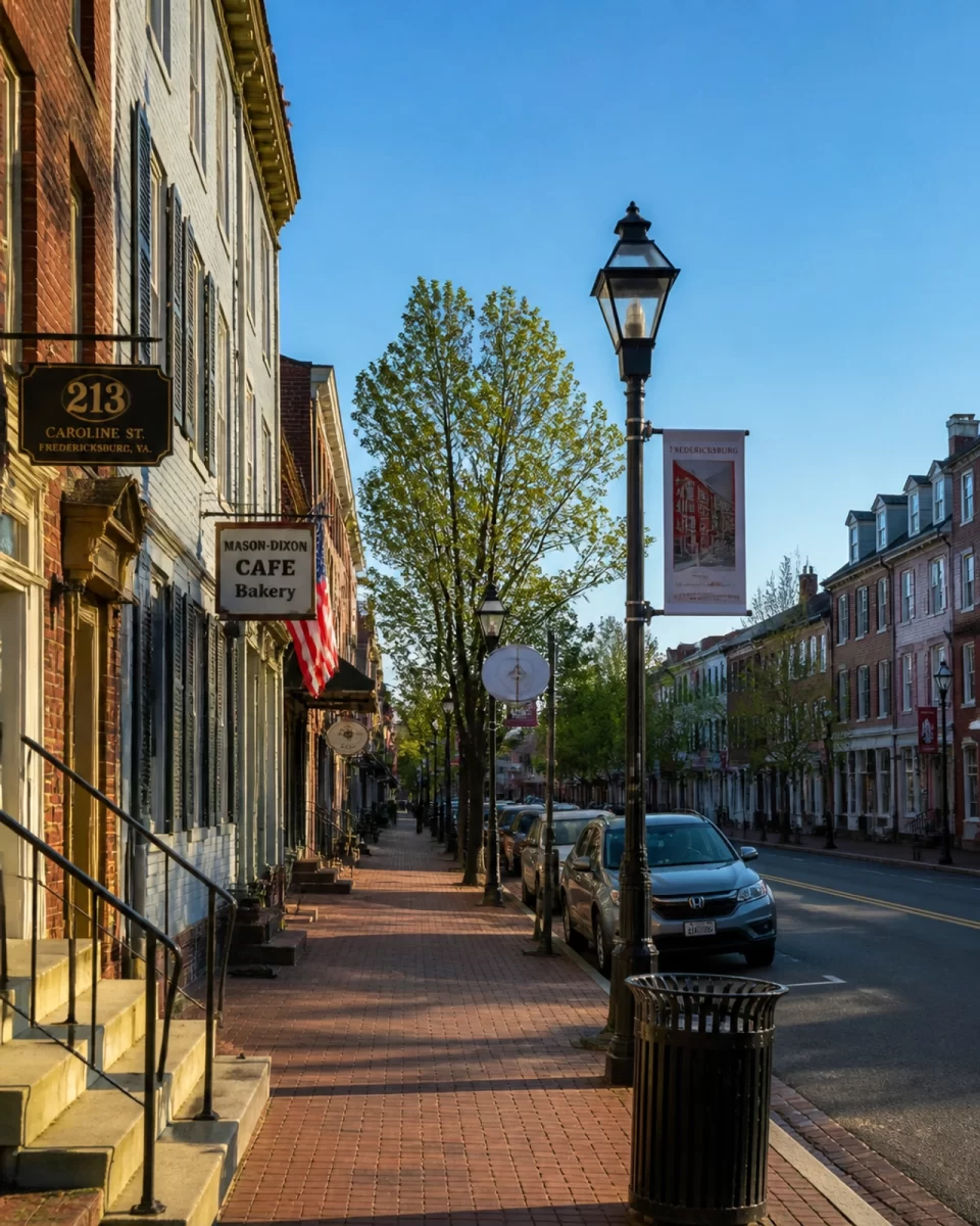 A view of historic downtown Fredericksburg, Virginia, with brick sidewalks and classic architecture under a clear blue sky. Warm morning light. Photorealistic.