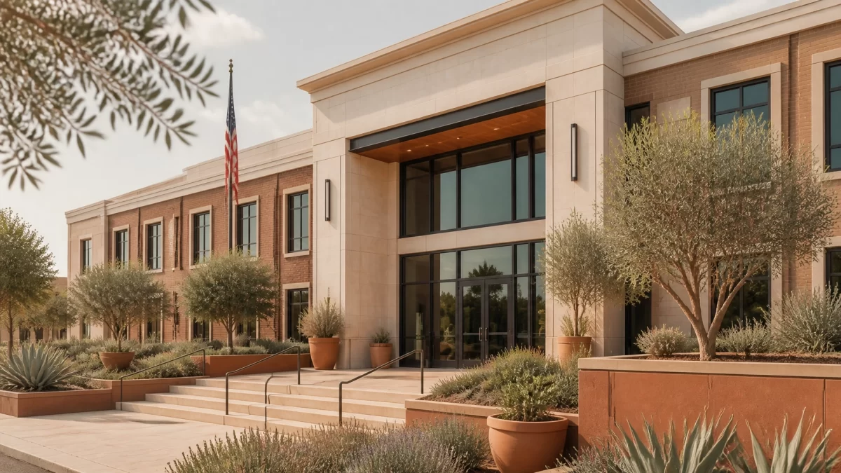 Stafford courthouse exterior in a Boho Chic palette with terracotta, sage, and cream landscaping