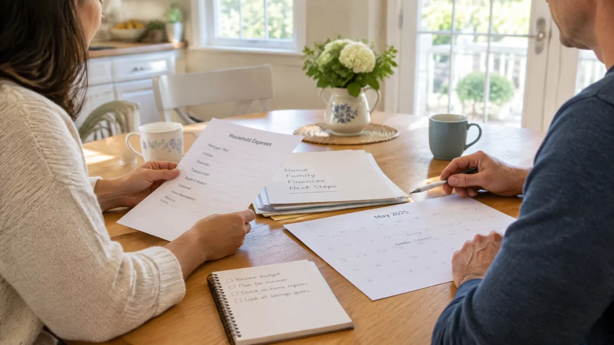 Adults reviewing household papers and a calendar at a bright kitchen table in a calm, cooperative setting