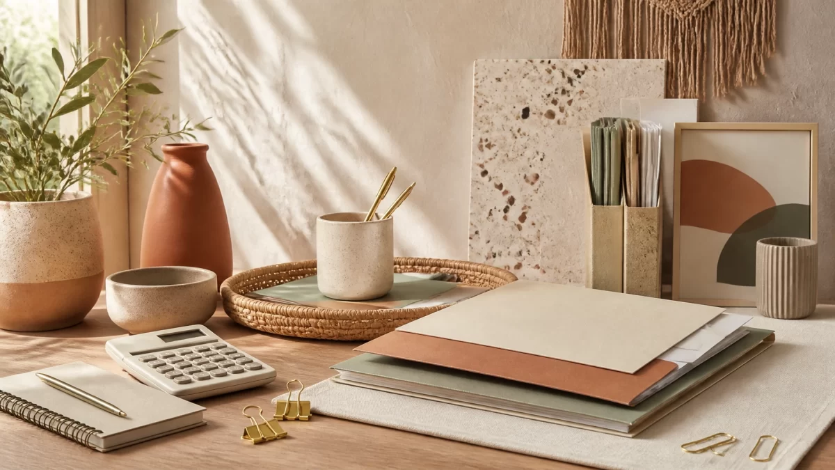 Boho Chic legal desk with neutral financial documents, calculator, notepad, and soft office textures