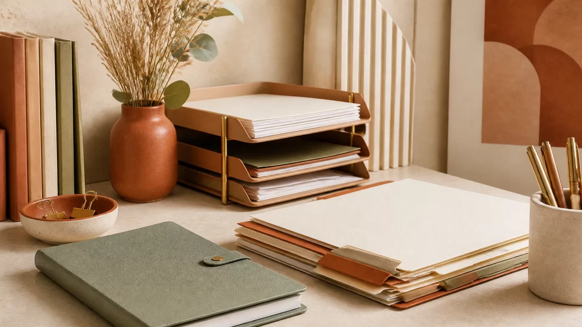 Boho chic legal desk scene with terracotta, sage, and cream document folders, paper files, and abstract architectural textures.