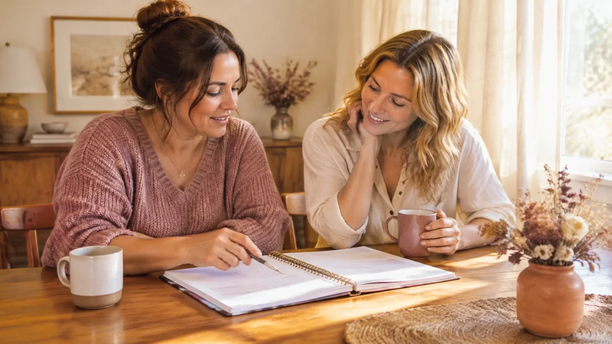 Two women sitting together at a warm wood table reviewing a household planning notebook in a bright home.