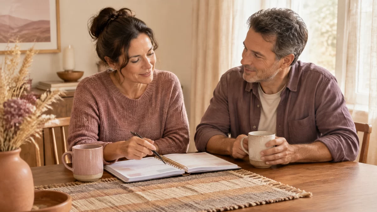 Two adults sitting together at a warm wood dining table talking over a household planner.