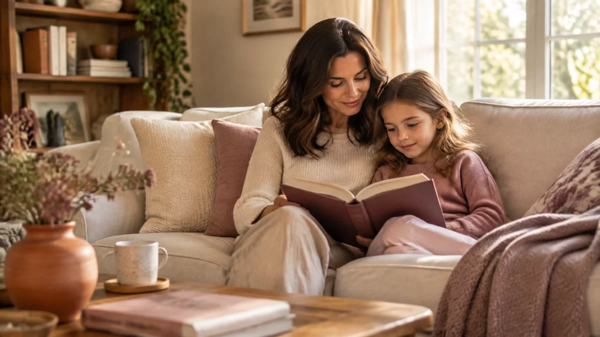 Parent and child reading together in a comfortable living room, representing family stability during a legal transition.