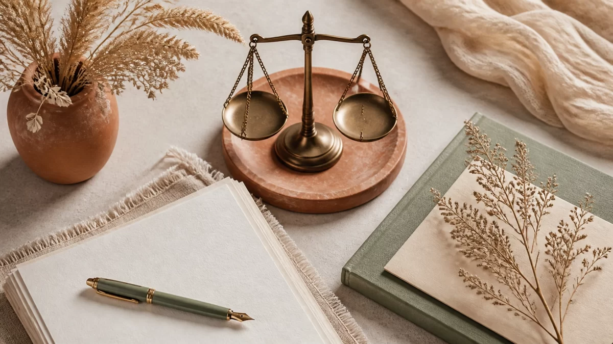 Boho Chic flat lay of neutral legal items including scales of justice, a pen, and organized documents in terracotta, sage, and cream tones.