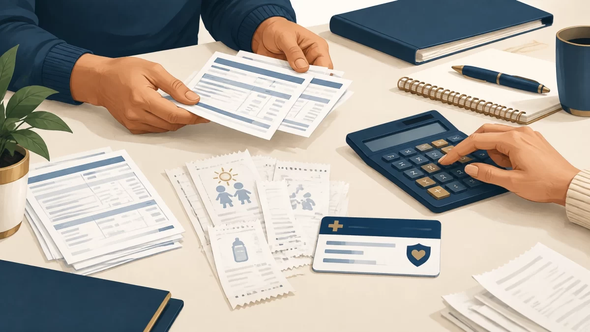 Anonymous adults organizing pay stubs, receipts, insurance documents, and a calculator