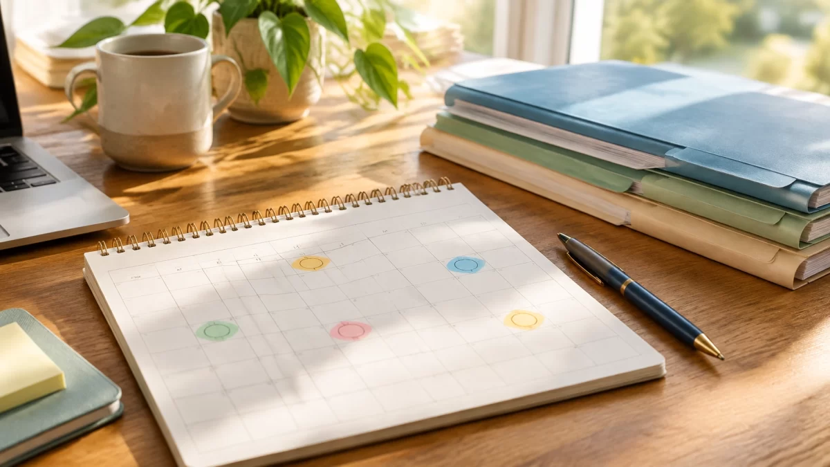 Organized financial folders, a pen, and a calendar with highlighted dates in warm natural light