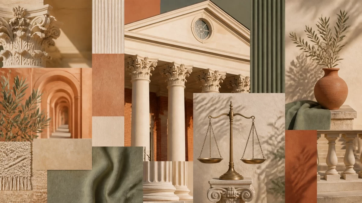 Boho chic courthouse-inspired image with terracotta, sage, and cream architectural textures and subtle scales of justice.