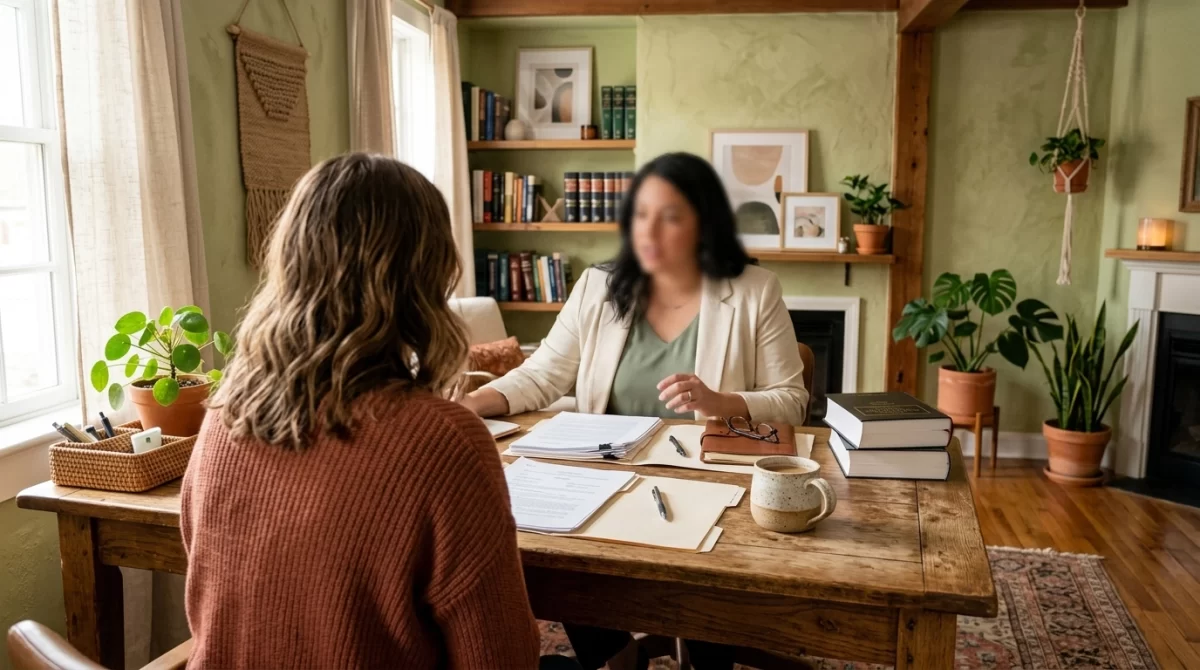 An attorney and client talking across a table in a home office