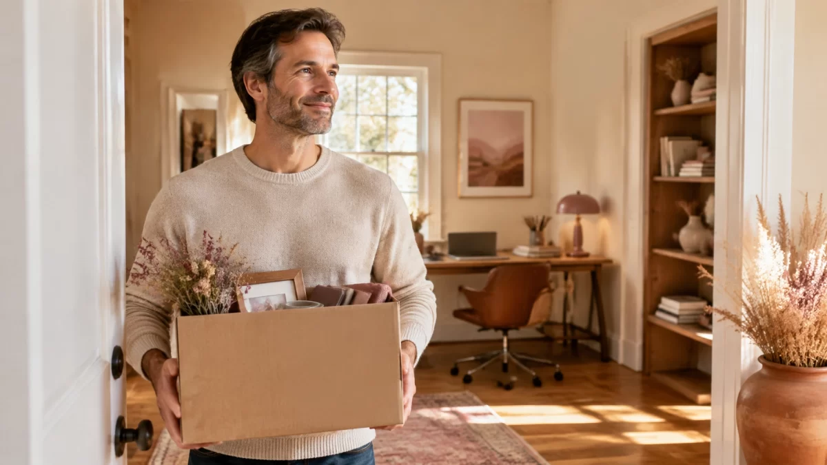 A man holding a box of personal belongings in the doorway of a bright home, looking forward to a fresh start.