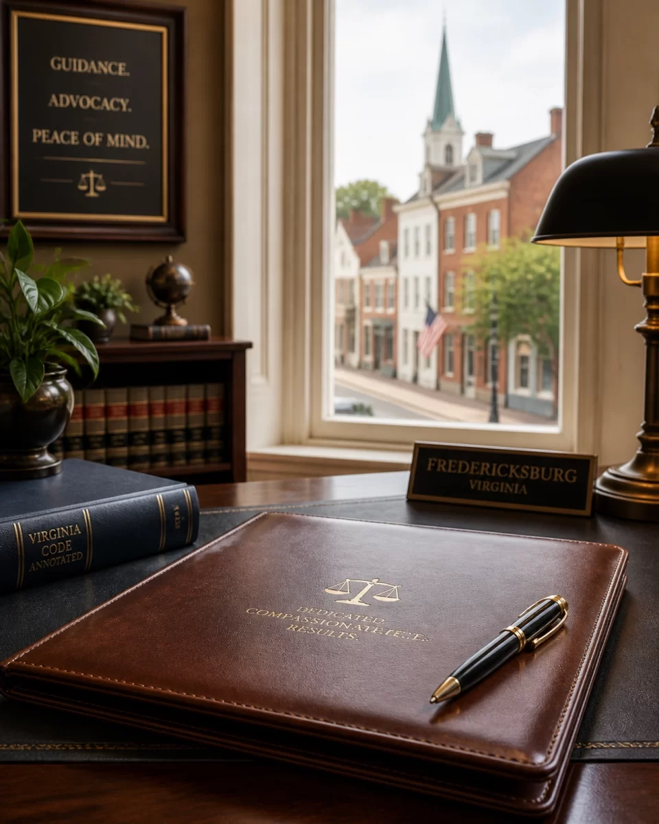 A leather legal folder and pen on a desk in a Fredericksburg law office, representing the documentation of a legal separation in Virginia