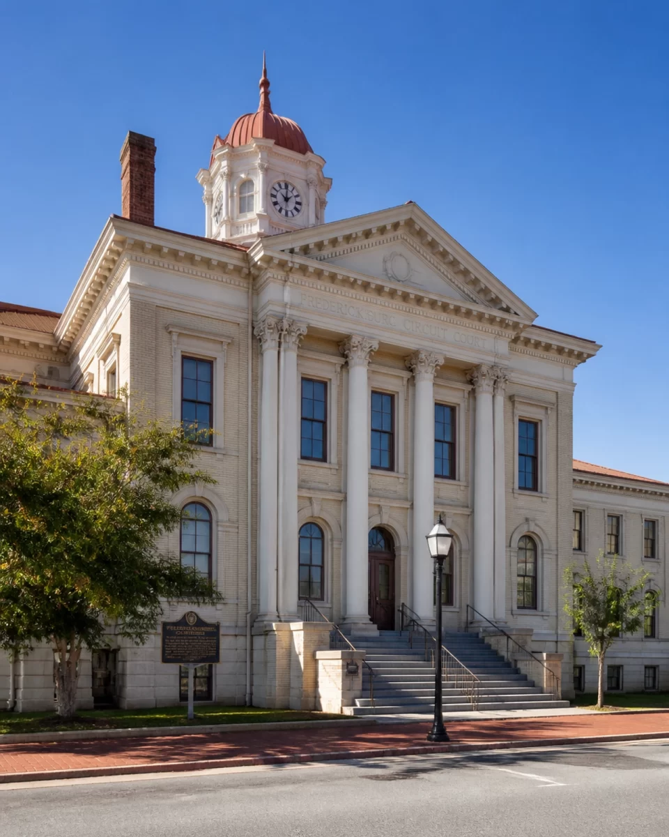 Exterior of the historic Fredericksburg Circuit Court building at 815 Princess Anne Street.