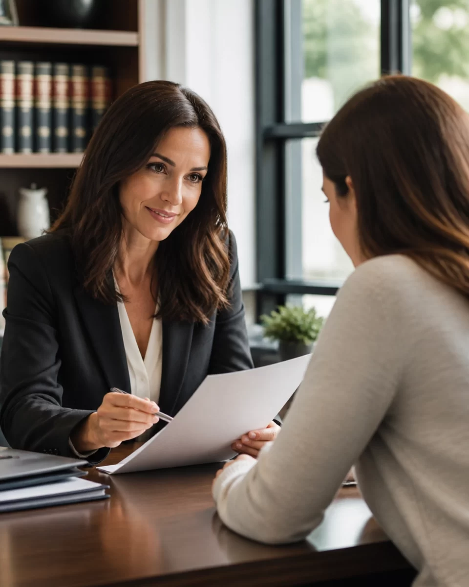 A compassionate attorney sitting with a client discussing family law documents