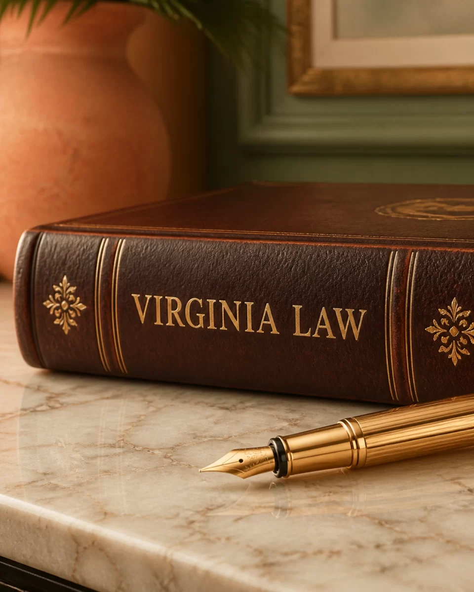 A close up of a Virginia Law book and a gold pen in earthy tones