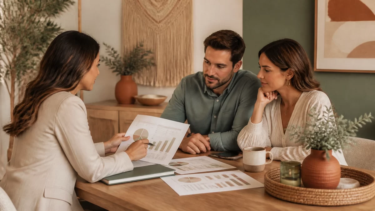 A financial professional reviewing documents and charts with a couple in a warm, calm office setting.