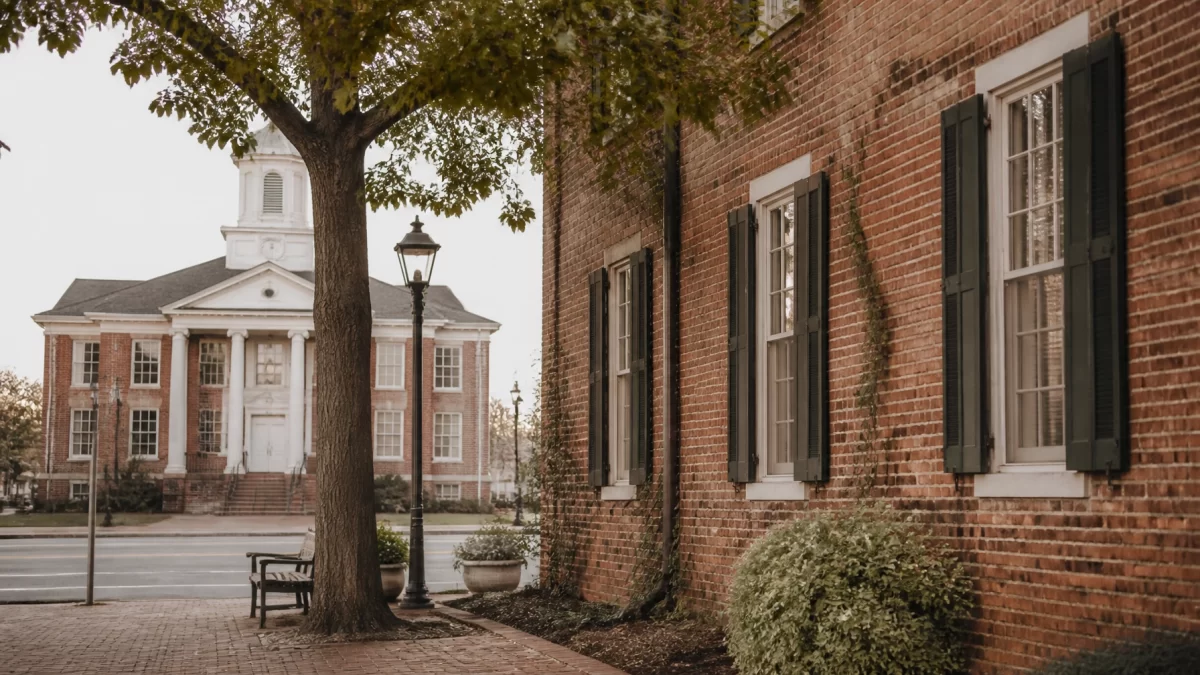 Boho Chic image of Caroline County inspired historic brick architecture in Bowling Green with warm terracotta, sage, and cream tones.