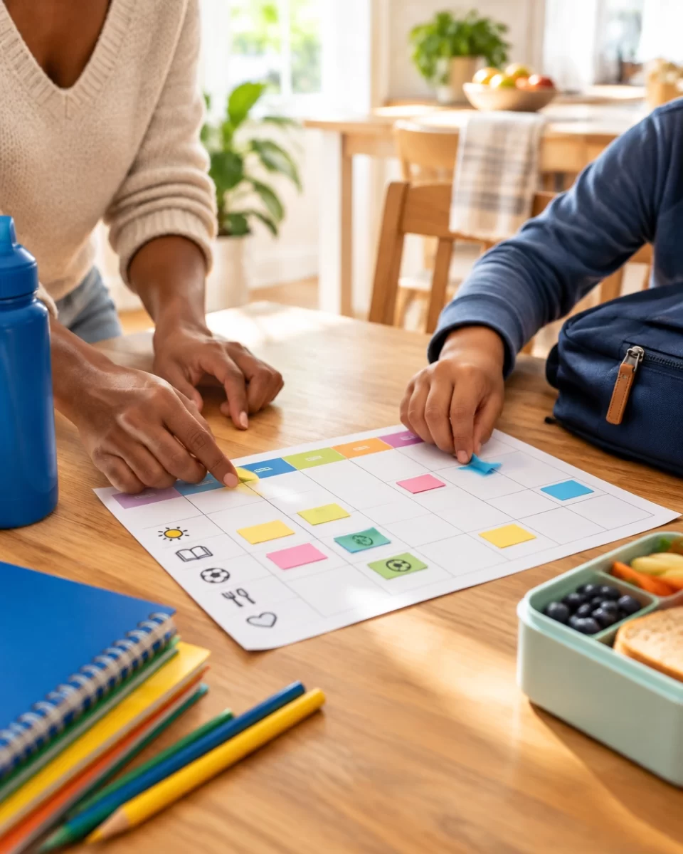A parent and child organizing a weekly calendar and school items in a bright home, representing stability and thoughtful custody planning