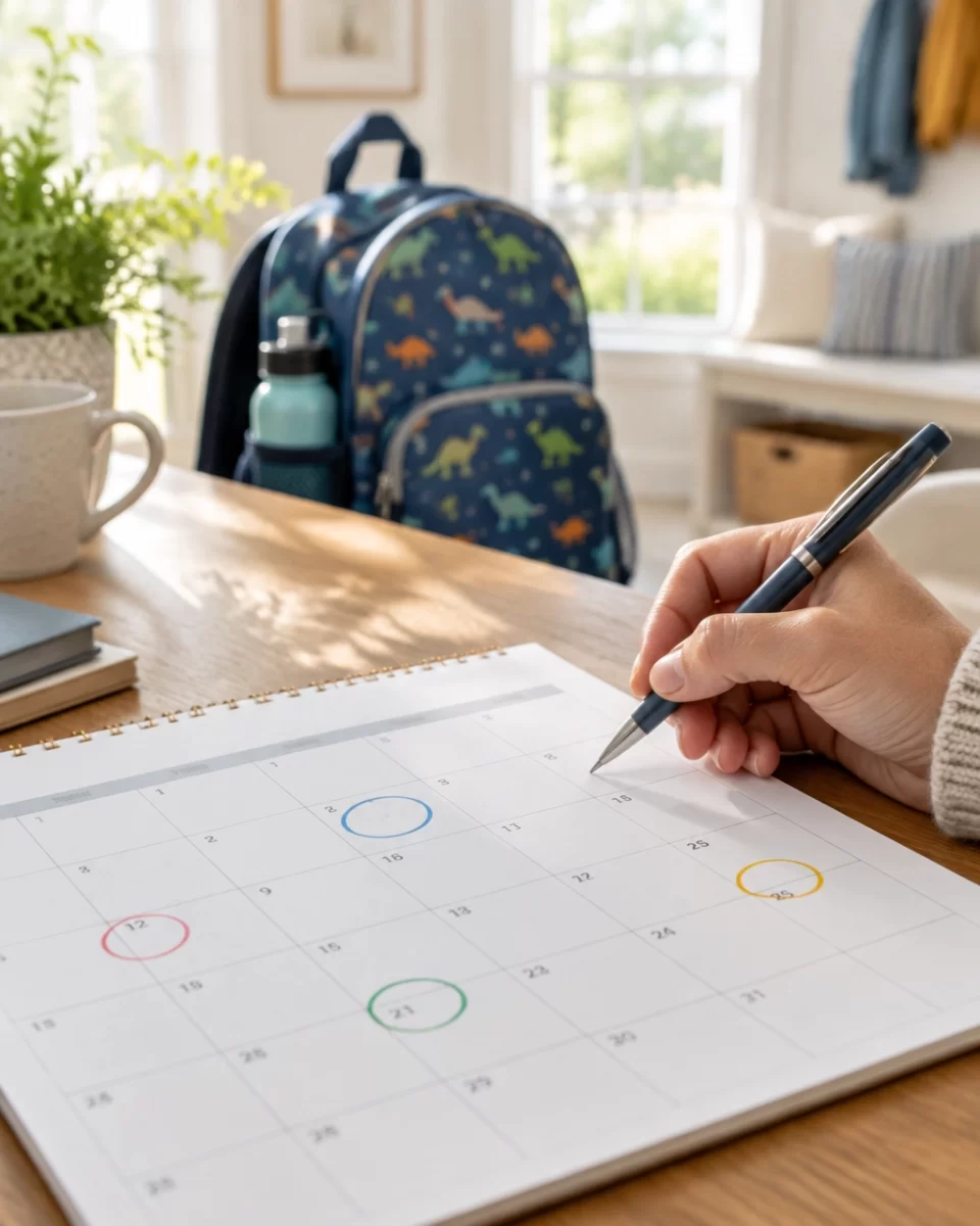 A parent marking dates on a family calendar, with a child’s backpack nearby