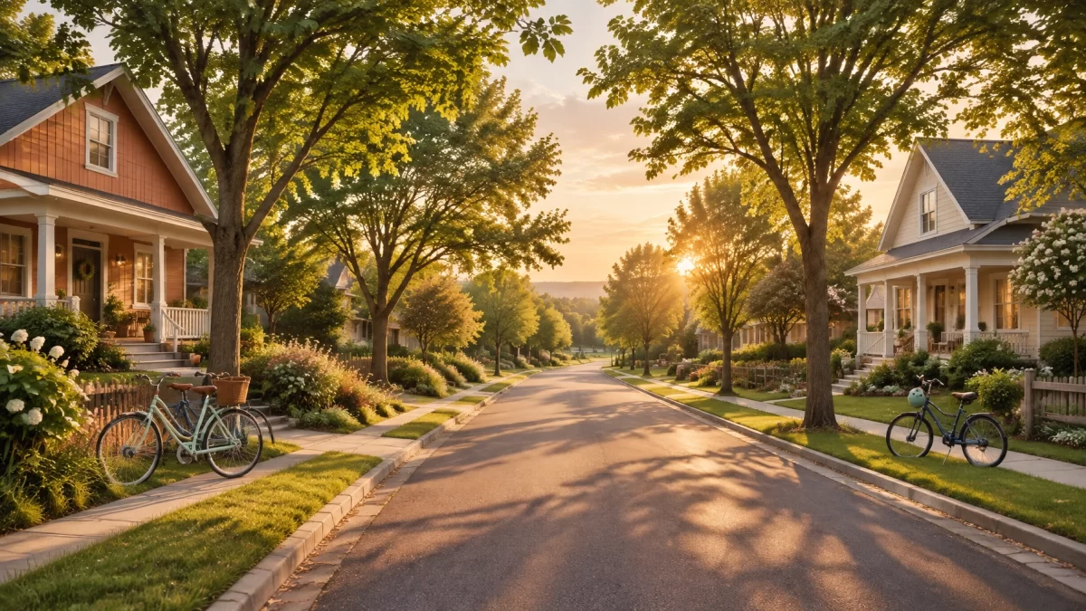 Two welcoming homes connected by a peaceful tree-lined neighborhood street at golden hour, symbolizing cooperative co-parenting