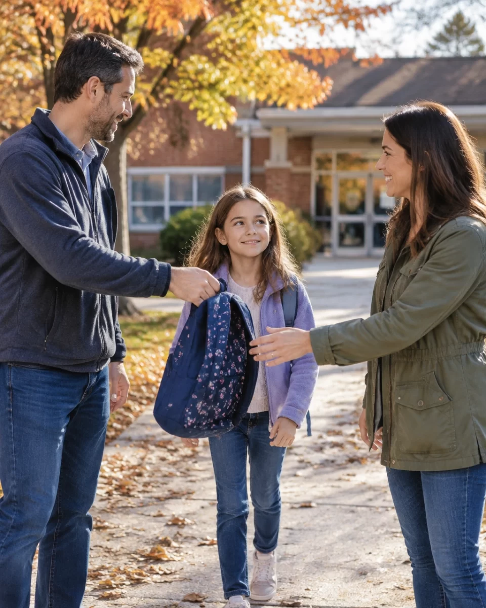 Parents calmly coordinate a school-day backpack exchange with their relaxed child