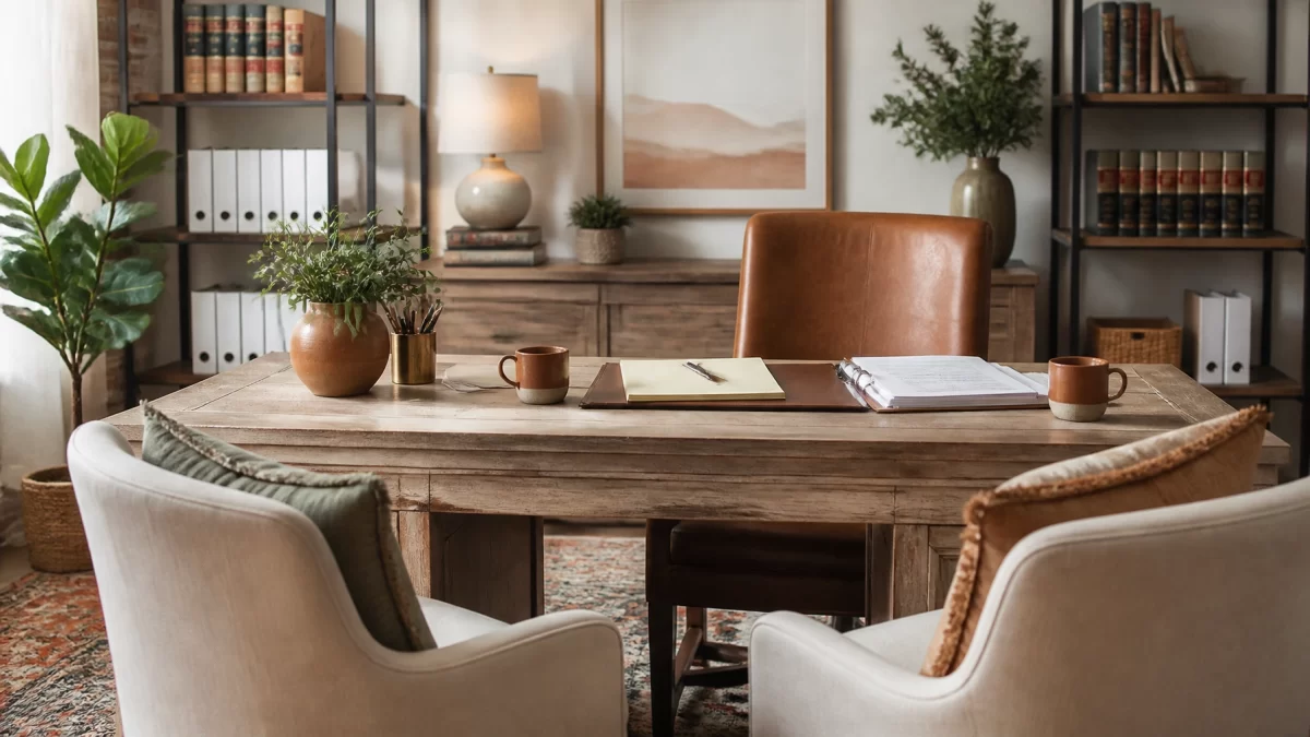 Boho Chic office scene with a wooden table, cream notepad, coffee mugs, and organized legal documents in terracotta, sage, and cream tones.