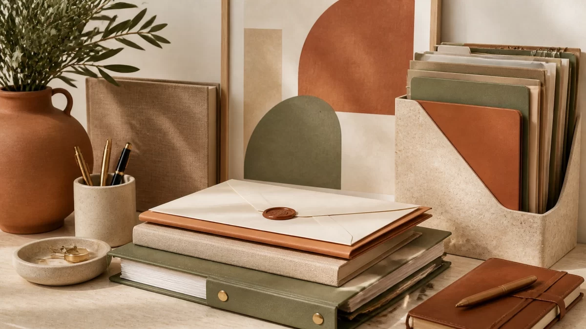 Boho chic abstract legal office arrangement with stacked folders, sealed envelope, and ledger textures in terracotta, sage, and cream