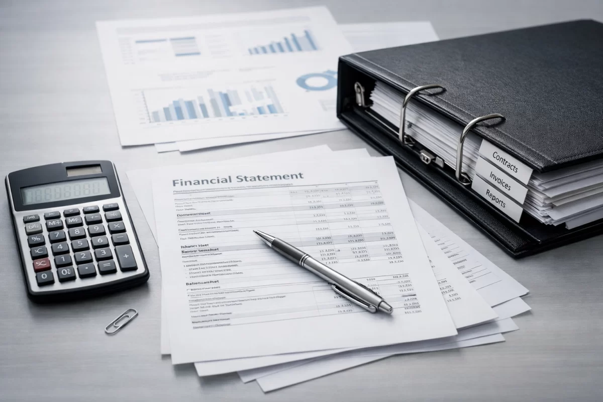 Calculator and financial statements arranged neatly beside a folder on a clean desk
