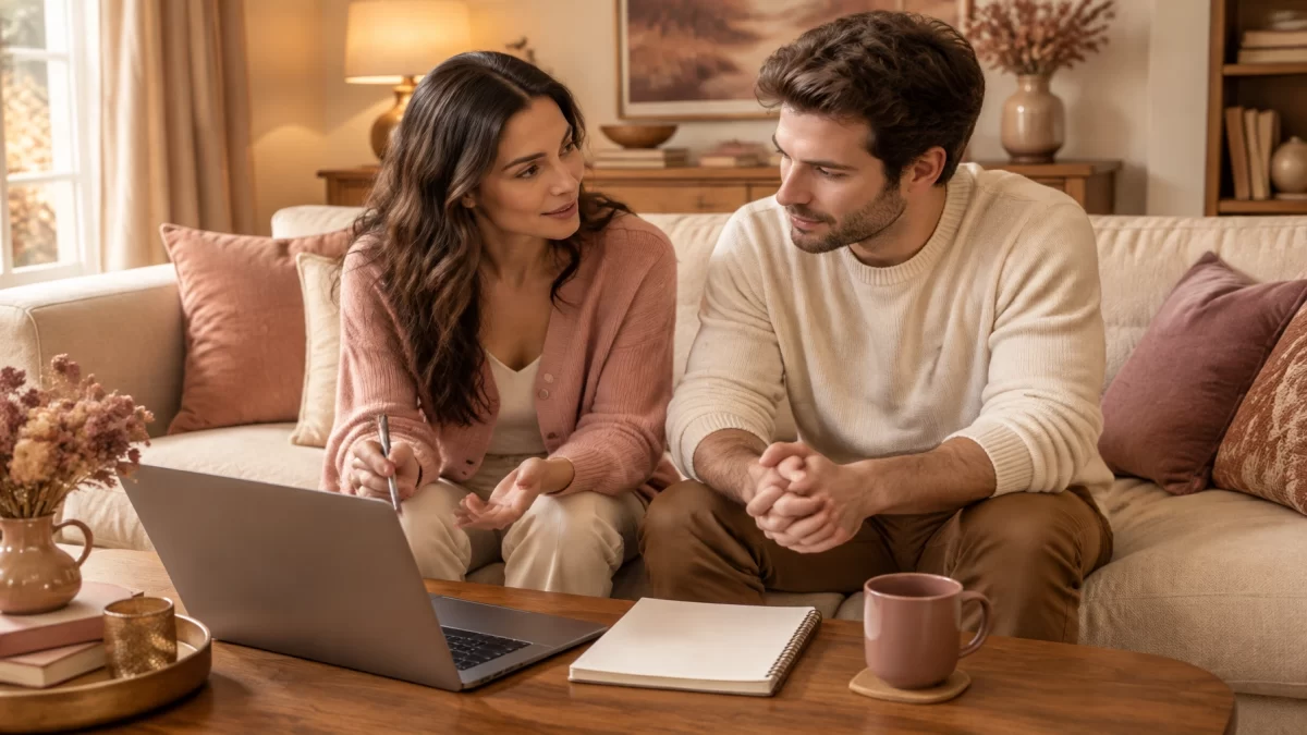 Two spouses talking through their finances together in a peaceful living room.