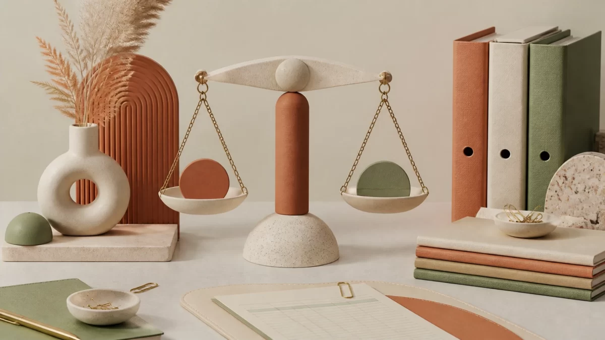 Boho chic abstract justice and finance composition with balanced folders, ledger textures, and minimalist office objects in terracotta, sage, and cream