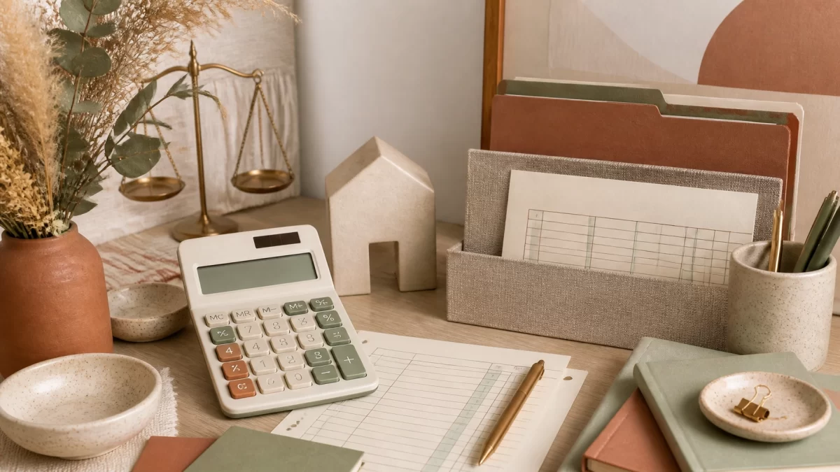 Boho chic financial legal still life with calculator, abstract house shape, document folders, and ledger textures in terracotta, sage, and cream