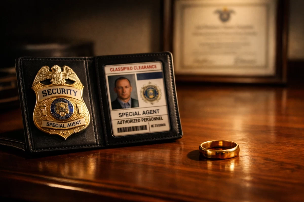 Security clearance badge and wedding ring representing federal employee divorce concerns